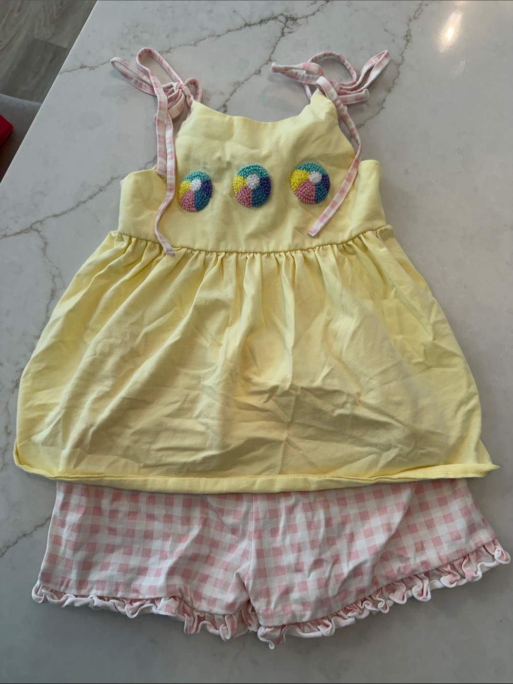 Yellow French Knot Beach Ball Tunic with Pink Gingham Shorts - 3T